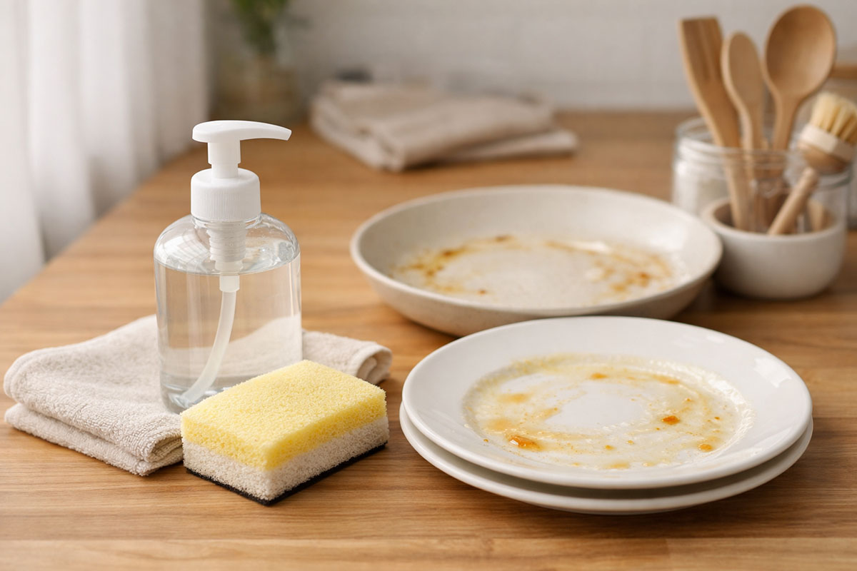 Botol sabun cair, spons, dan piring kotor di meja dapur