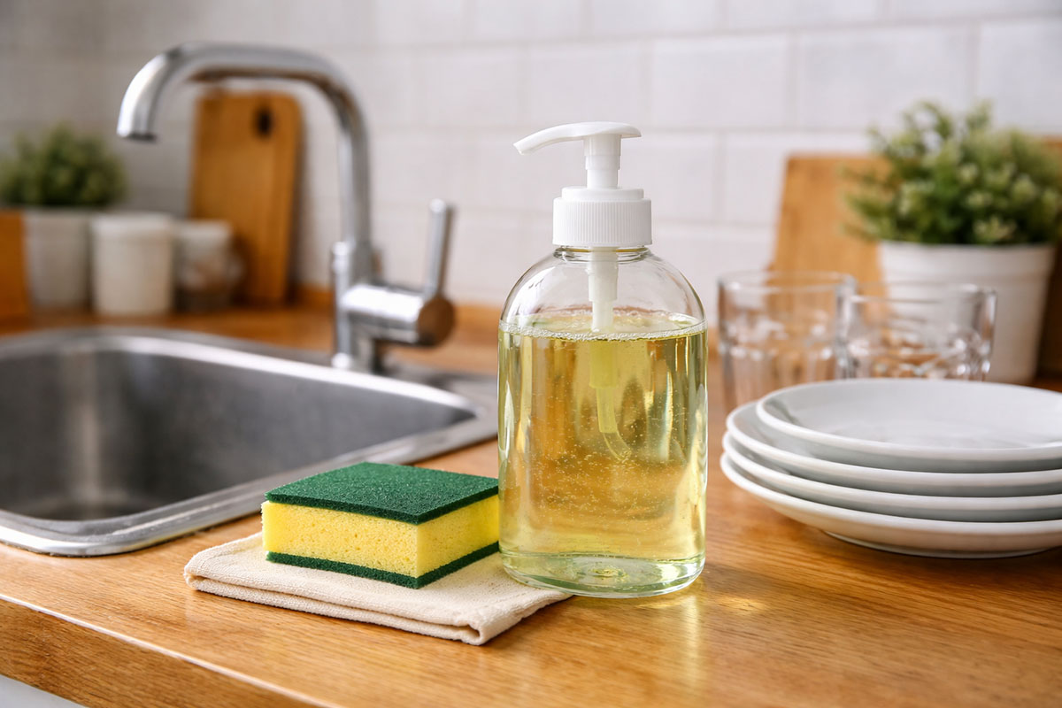Botol sabun cuci piring di area dapur dekat wastafel dan peralatan makan