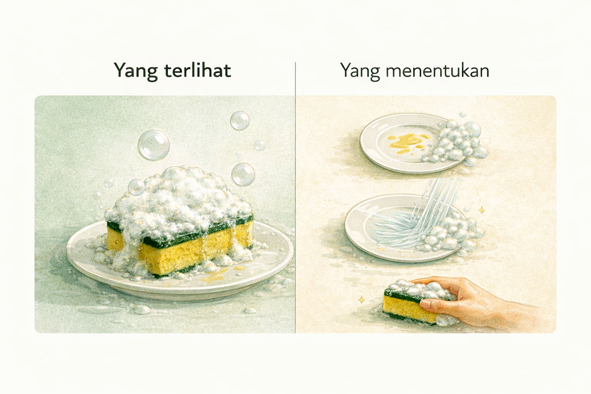 Ilustrasi perbedaan antara busa yang terlihat dan faktor yang menentukan hasil bersih saat mencuci piring