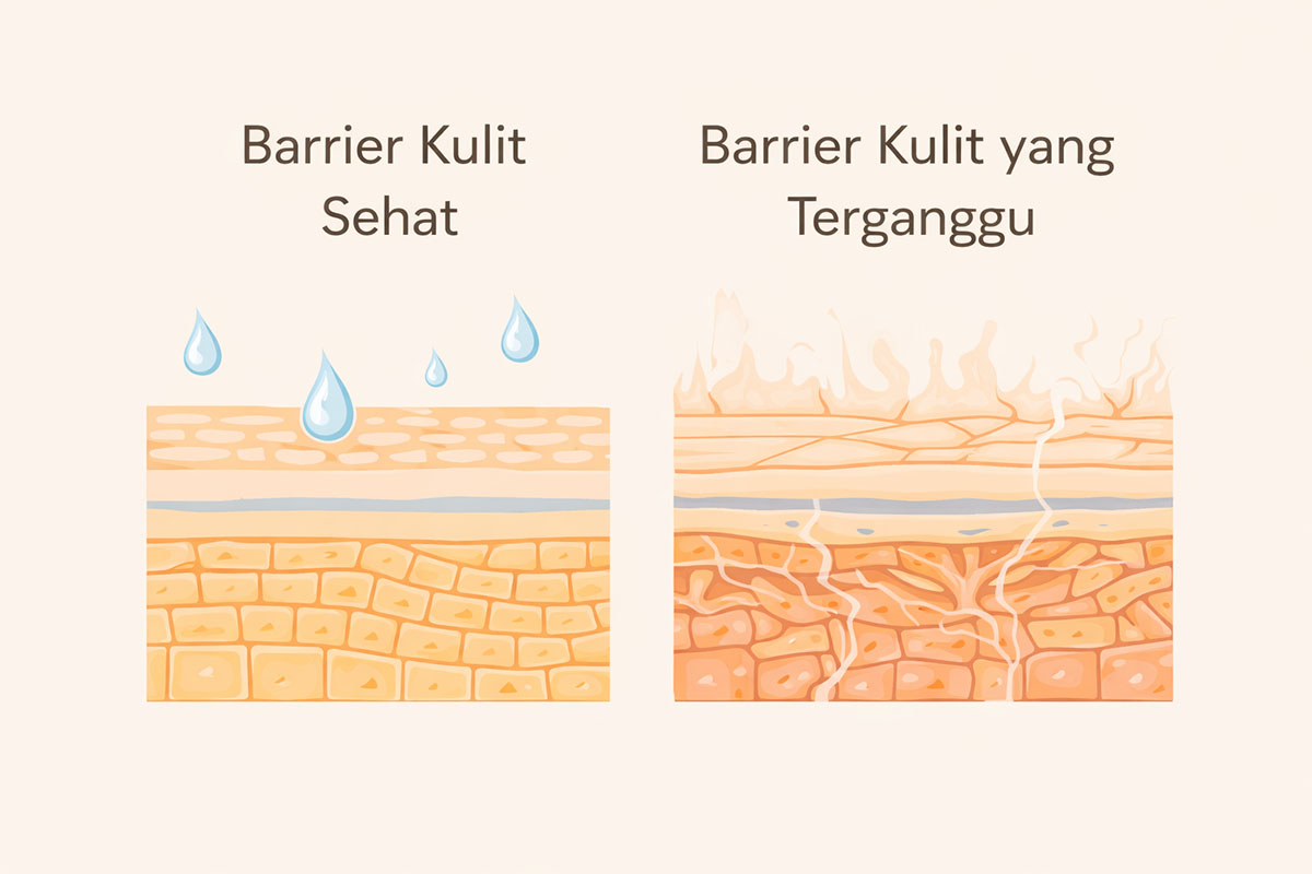ilustrasi barrier kulit sehat dan barrier kulit yang terganggu