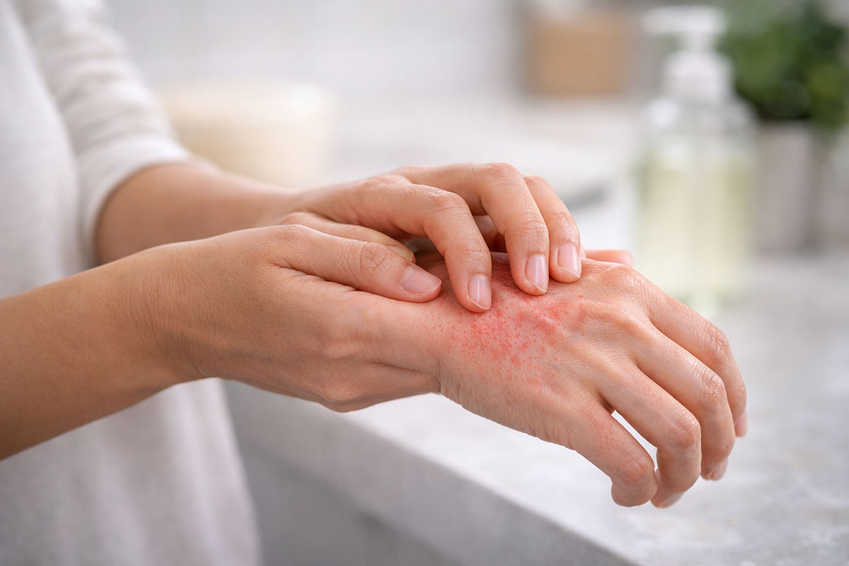 Ciri iritasi dan alergi sabun cuci piring pada kulit tangan: kemerahan ringan dan gatal di punggung tangan.