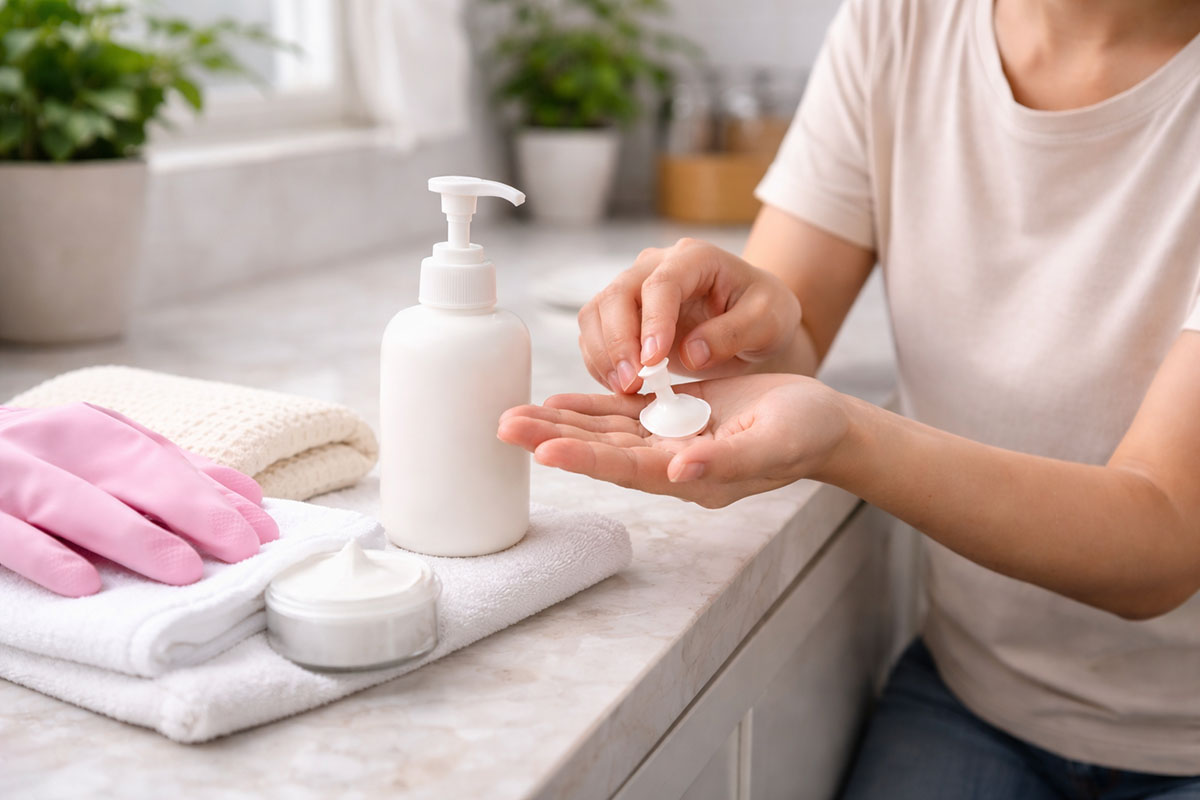 Langkah sederhana merawat tangan setelah cuci piring: pelembap dan sarung tangan untuk membantu mengurangi iritasi dan alergi sabun cuci piring.