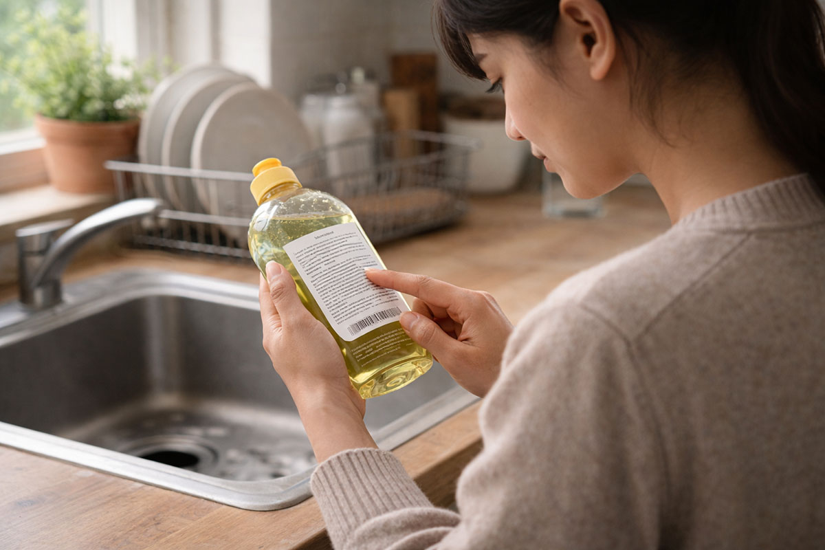Perempuan membaca label sabun cuci piring mengandung SLS di dapur
