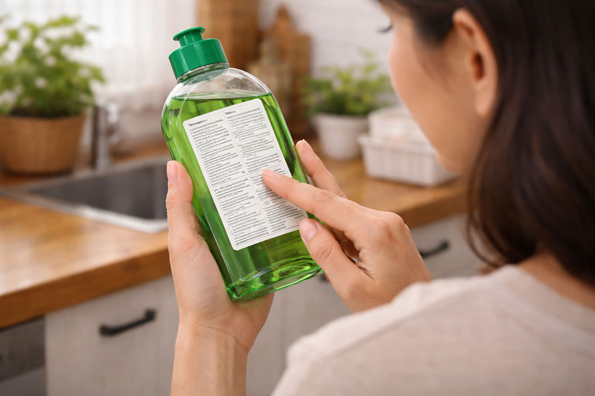 Tangan membaca label sabun cuci piring non SLS di dapur