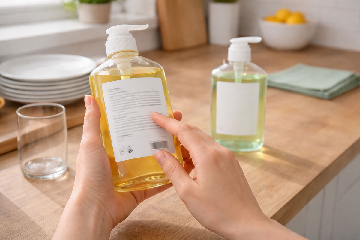 Membaca label sabun cuci piring di dapur rumah
