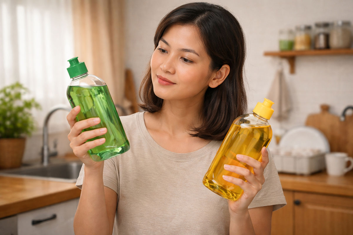 Perempuan membandingkan dua sabun cuci piring non SLS di dapur rumah