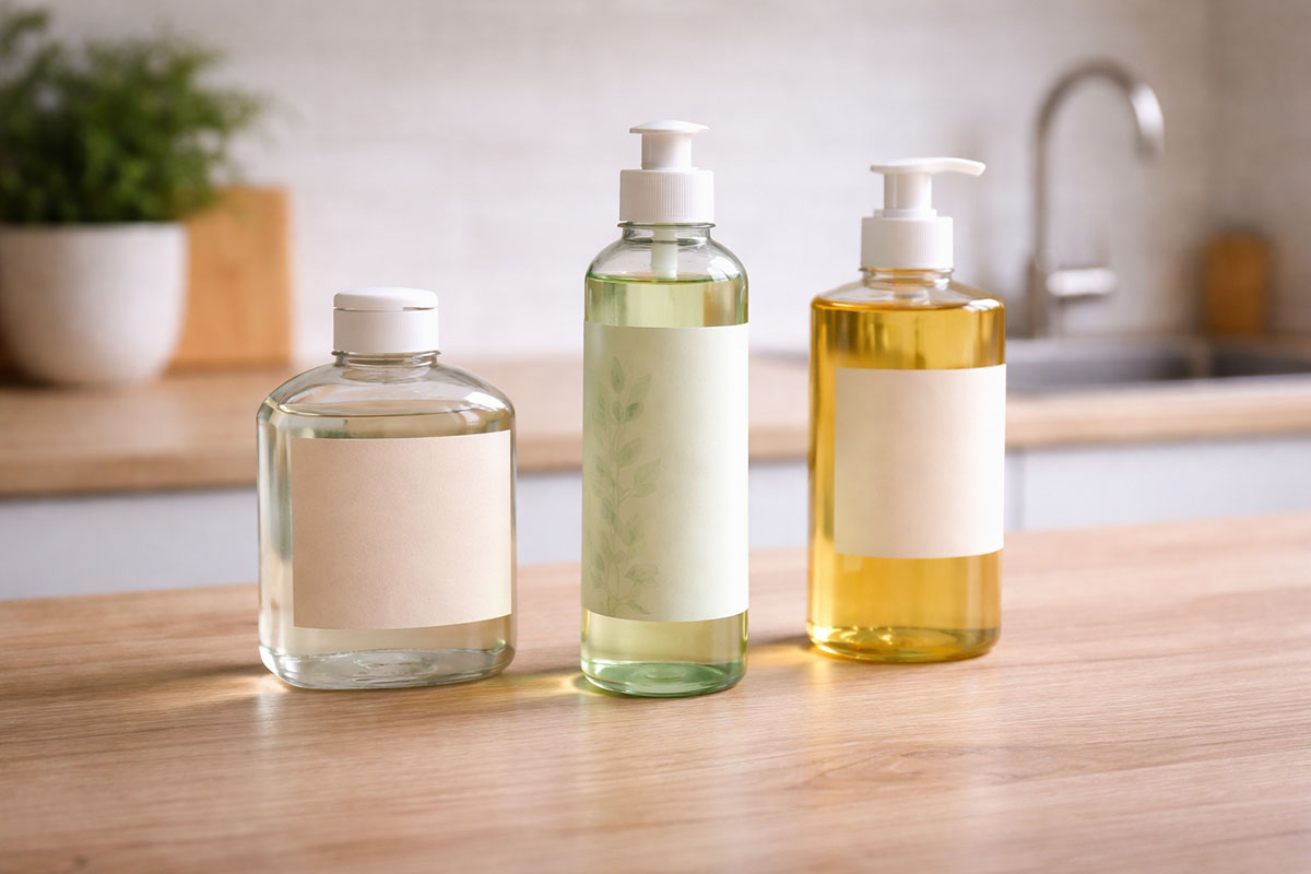 Perbandingan beberapa botol sabun cuci piring dengan bentuk dan warna berbeda di meja dapur