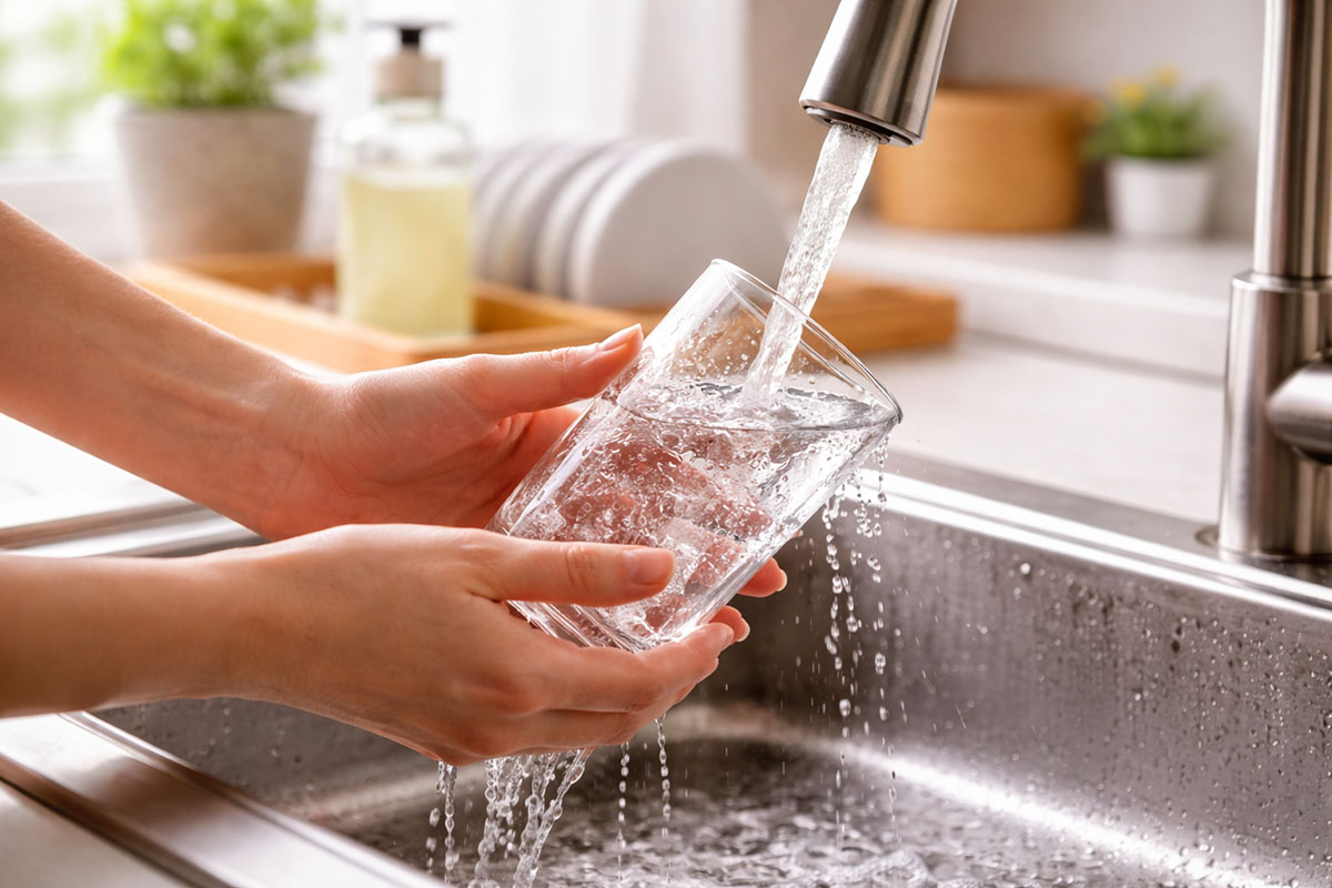 Residu sabun cuci piring saat gelas dibilas di bawah air mengalir