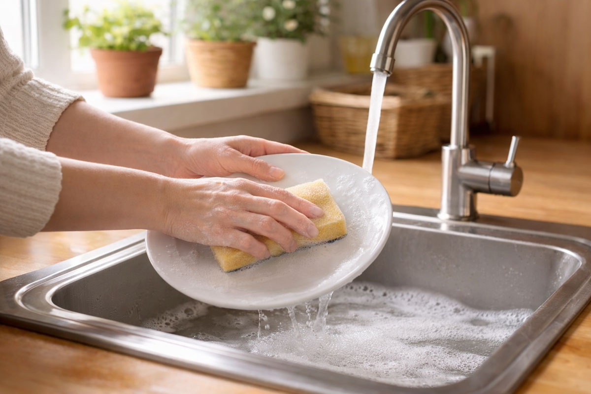 Sabun cuci piring lembut di tangan saat digunakan untuk mencuci piring