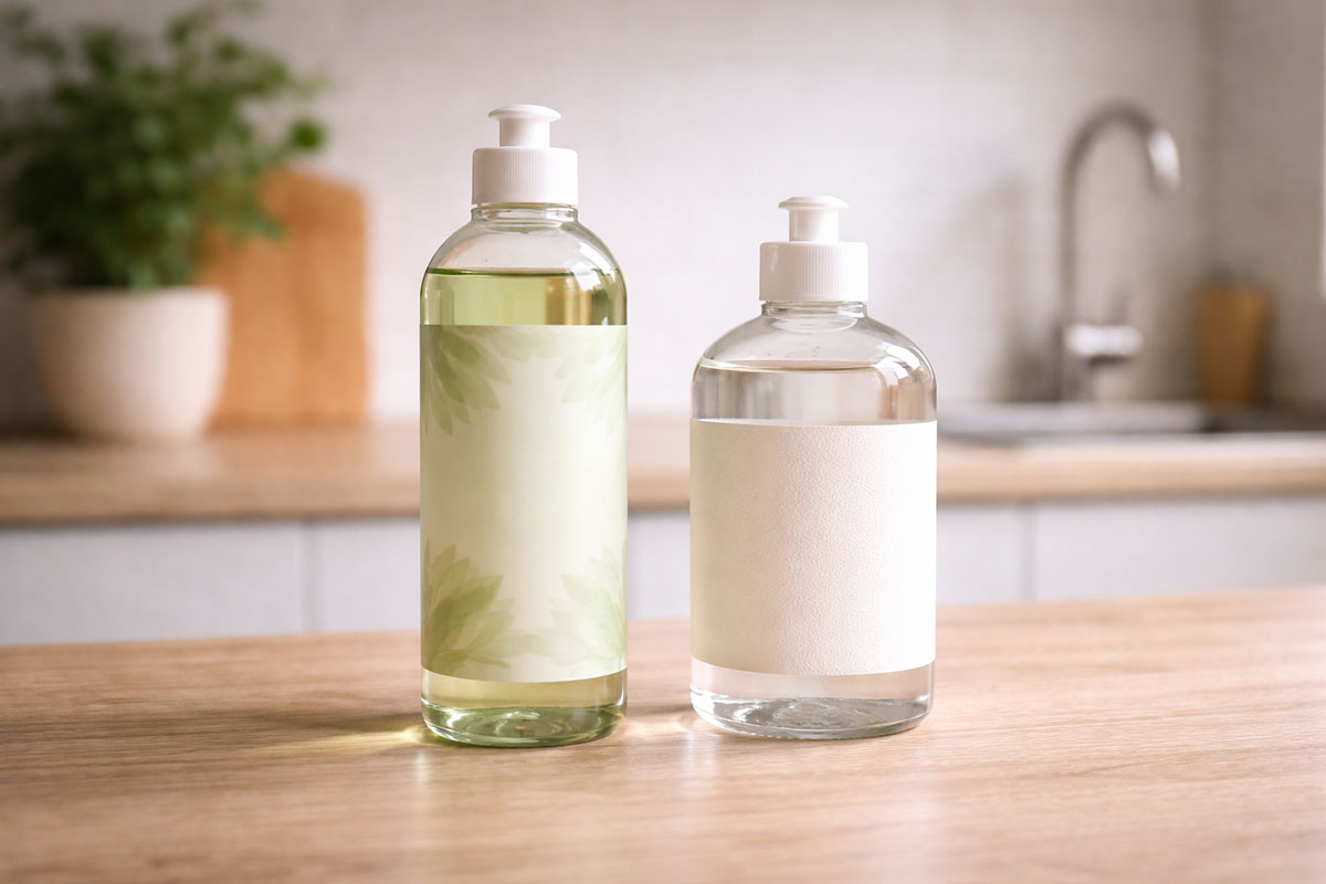 Sabun cuci piring natural dengan dua desain kemasan berbeda di meja dapur