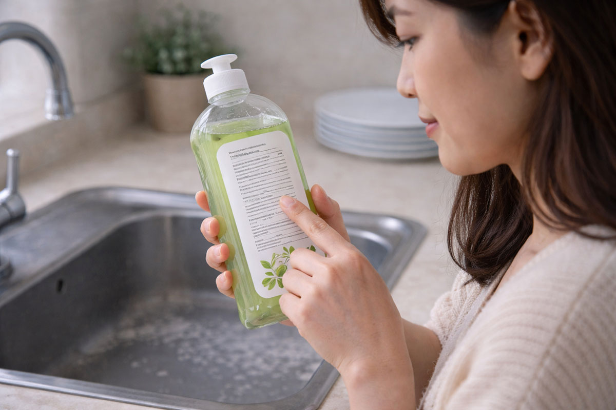 Perempuan membaca label sabun cuci piring untuk kulit sensitif di dapur