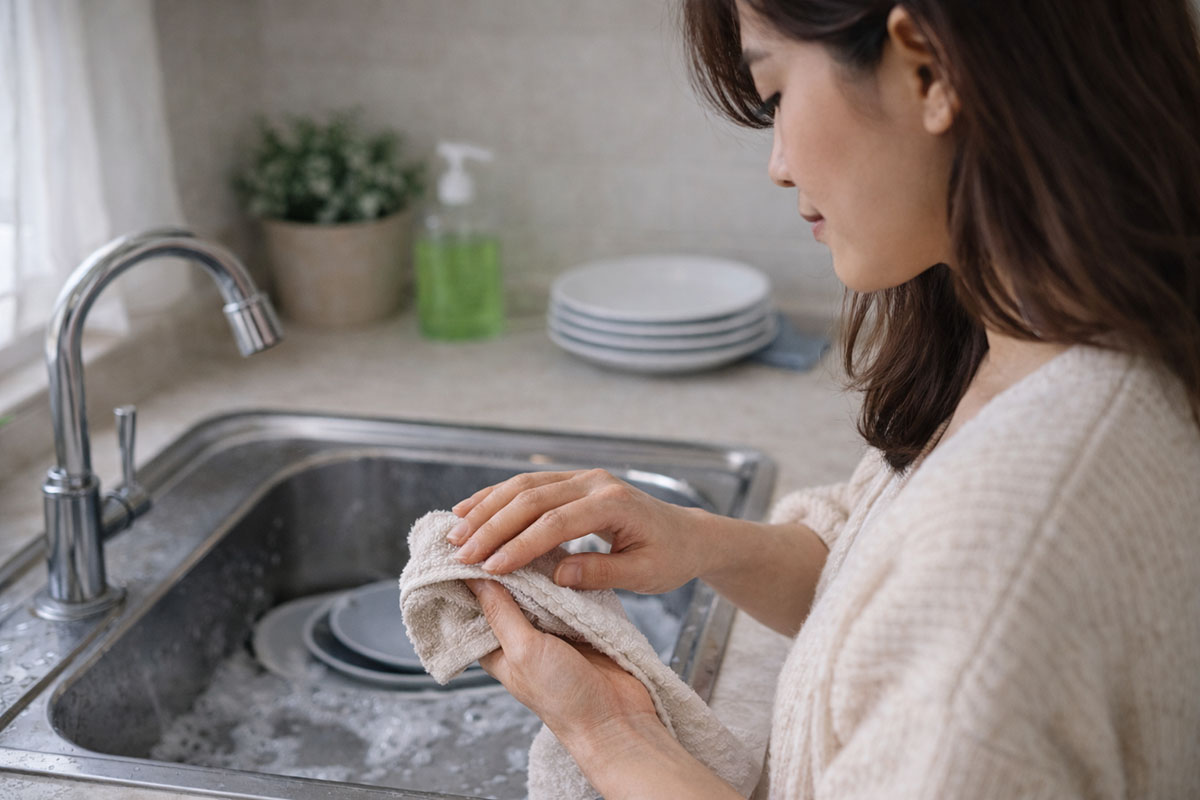 Perempuan mengeringkan tangan setelah mencuci piring di dapur rumah