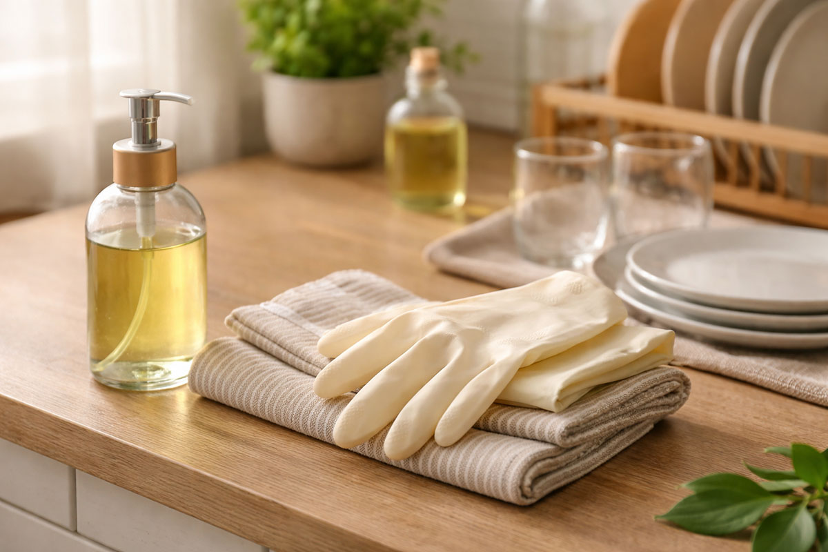 Sarung tangan, kain lap, dan sabun cuci piring di meja dapur untuk rutinitas harian