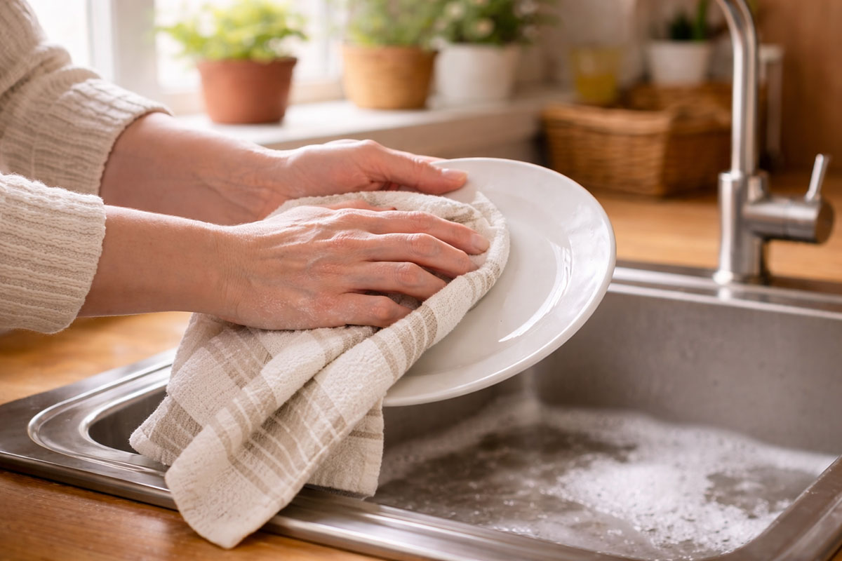 Tangan mengeringkan piring bersih setelah mencuci dalam rutinitas rumah sehari-hari