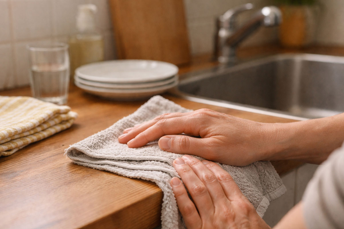 Rutinitas dapur setelah mencuci piring dengan tangan di atas kain lap