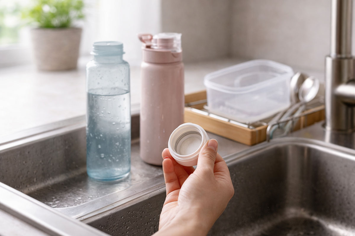 Tangan memeriksa tutup botol minum di area dapur setelah dicuci