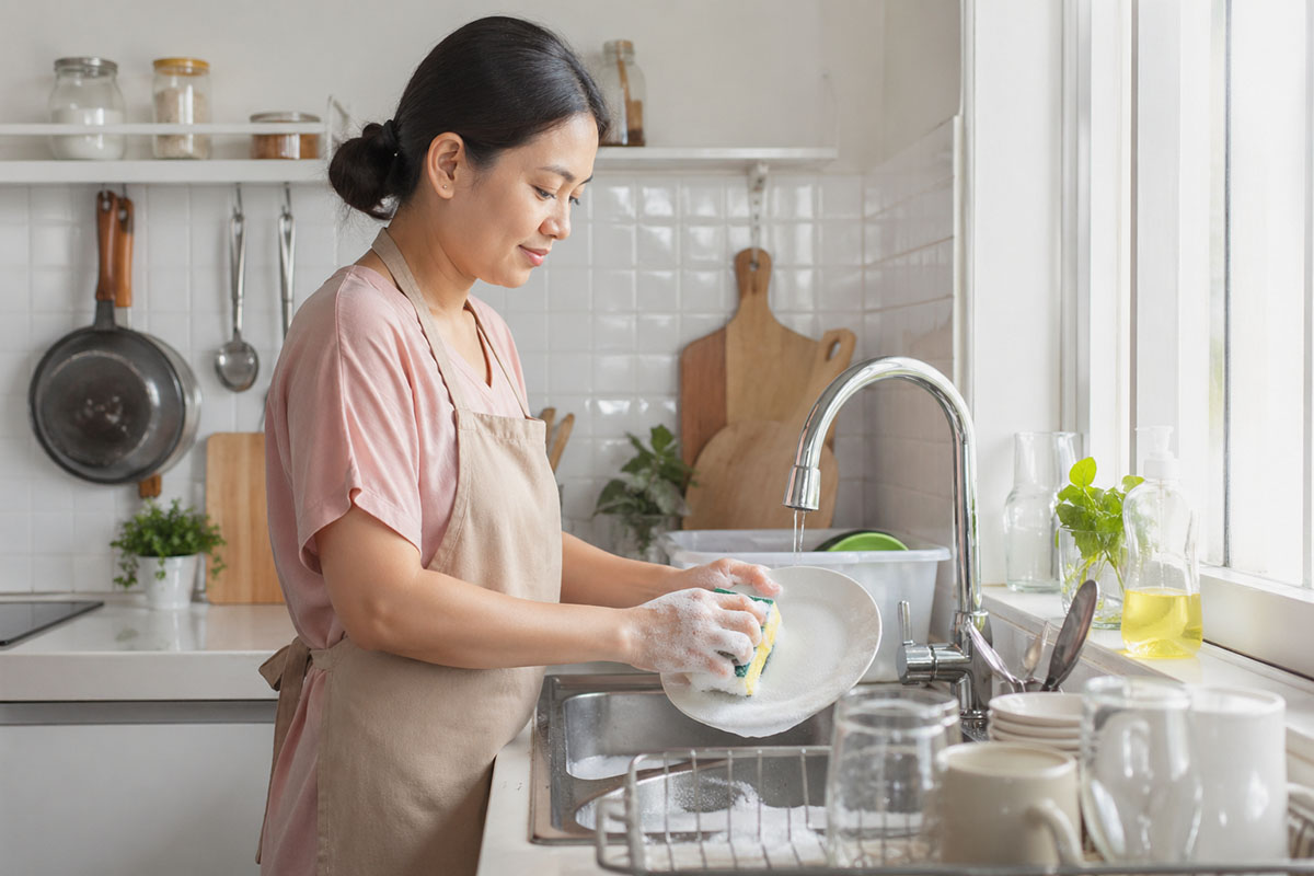 Perempuan Indonesia mencuci piring di dapur rumah dengan spons dan sabun cuci piring