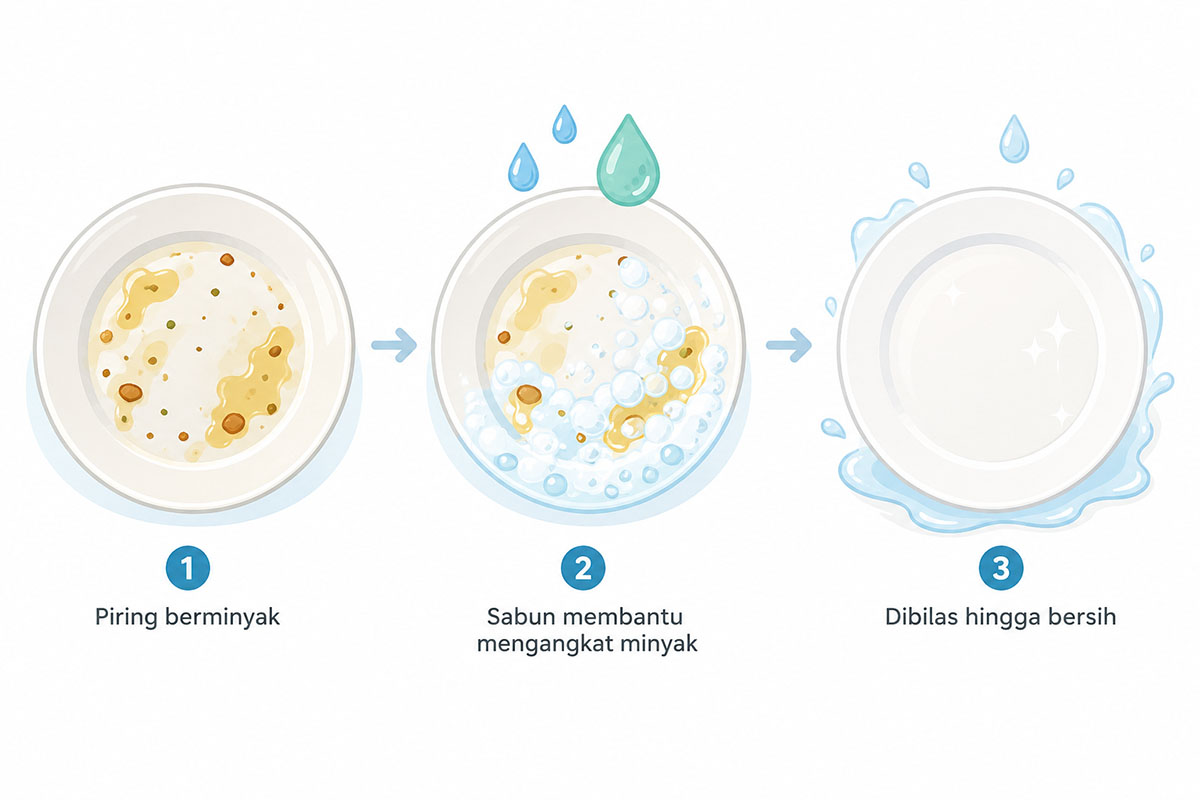 Ilustrasi cara sabun cuci piring membantu mengangkat minyak dari piring