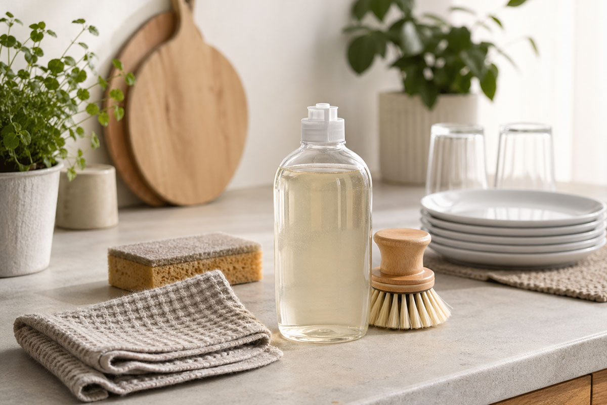 Botol sabun cuci piring netral dengan spons dan alat pembersih di dapur