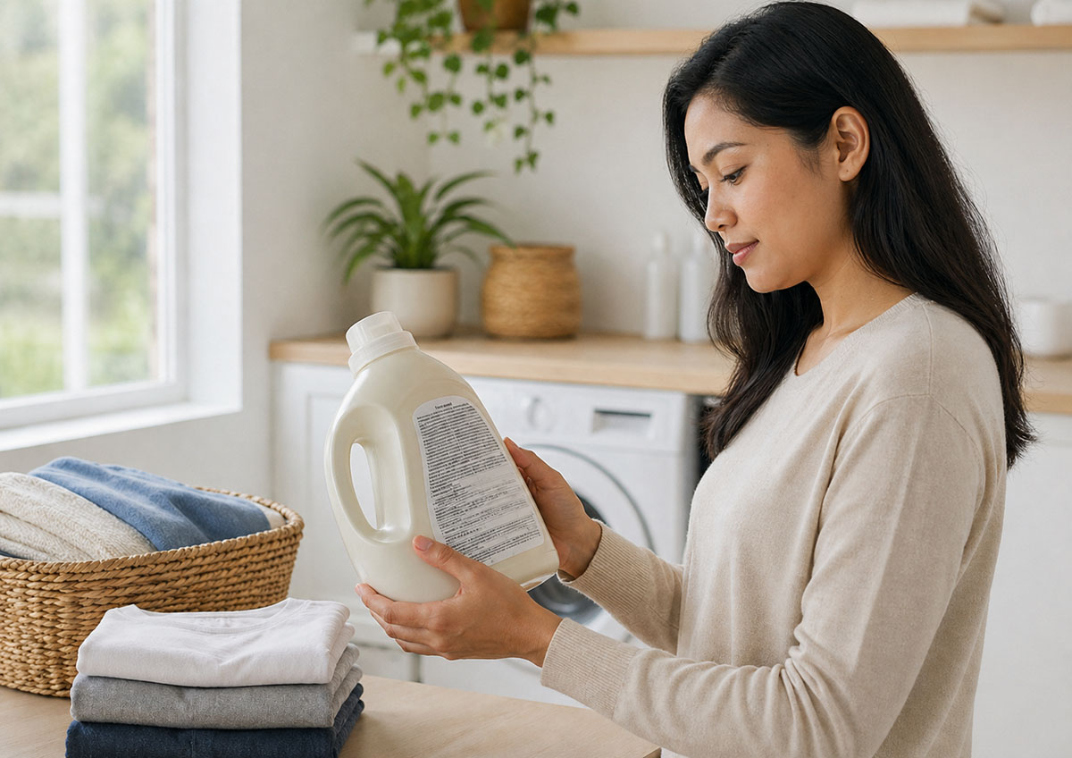 Perempuan membaca label bahan deterjen di ruang laundry rumah
