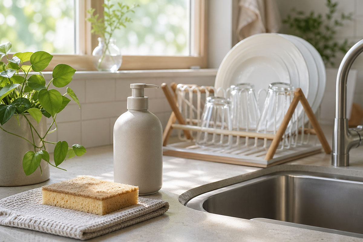 Botol sabun cuci piring netral di dapur bersih