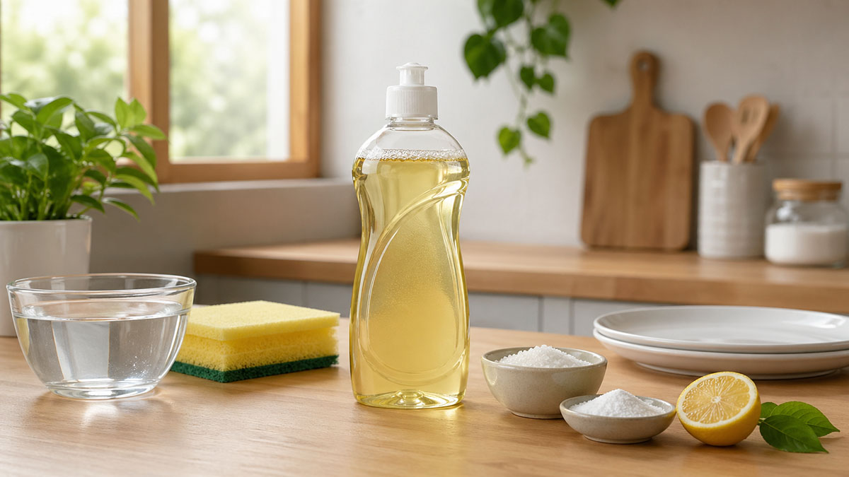 Botol sabun cuci piring dan elemen bahan umum di meja dapur