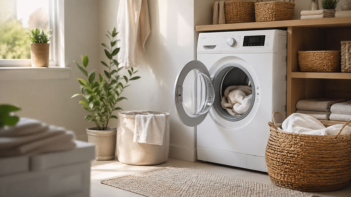 suasana laundry rumah dengan mesin cuci dan pakaian bersih