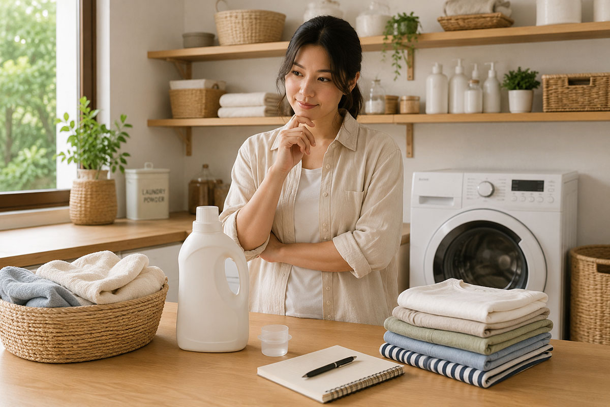 memilih deterjen dengan tenang di ruang laundry rumah