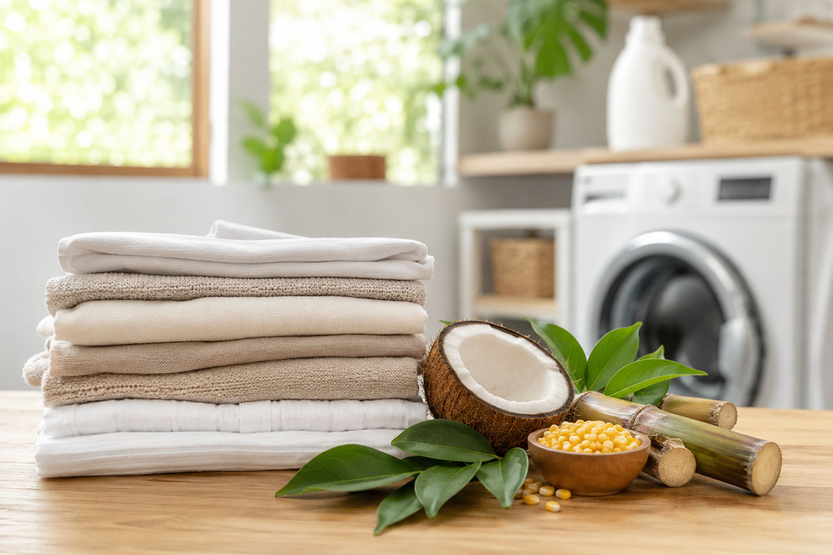 bahan nabati dan pakaian bersih di ruang laundry rumah