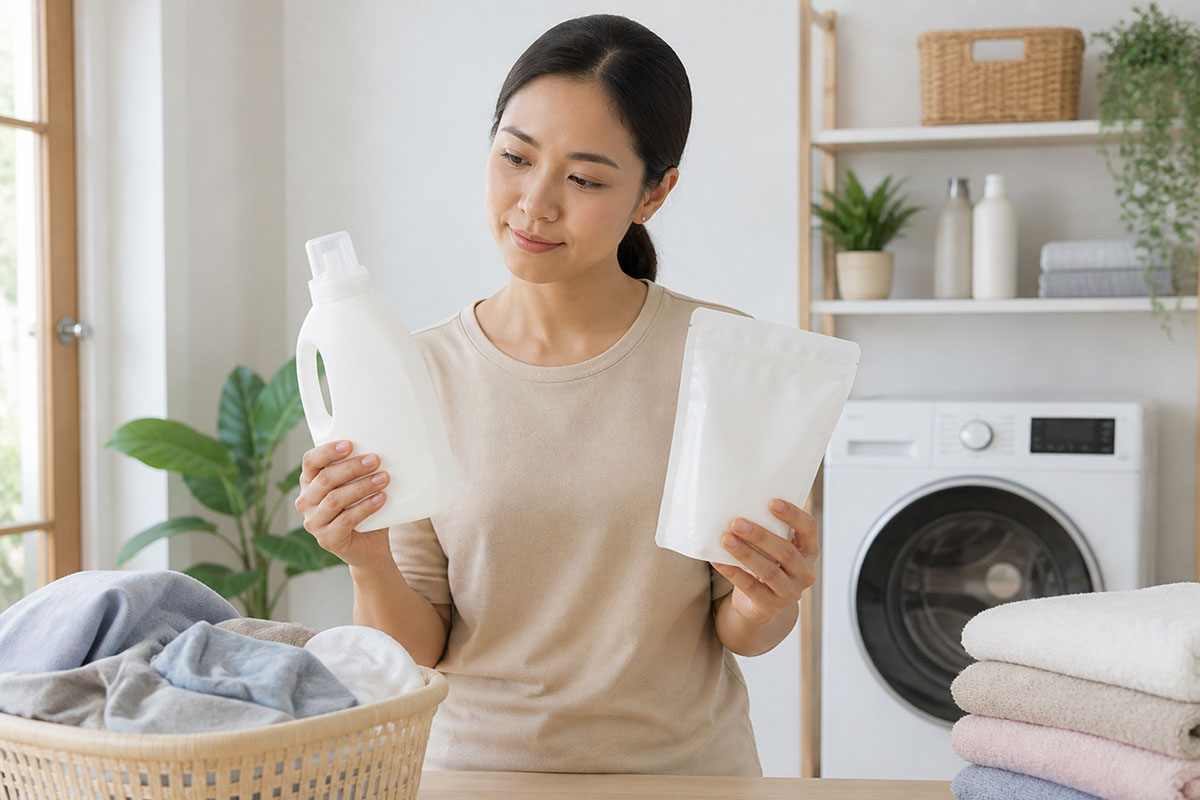 orang membandingkan deterjen cair dan bubuk di ruang laundry rumah