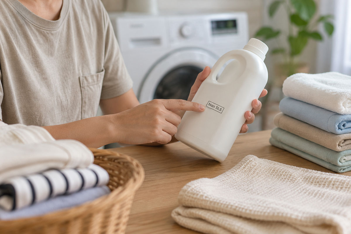 orang membaca label deterjen non SLS di ruang laundry