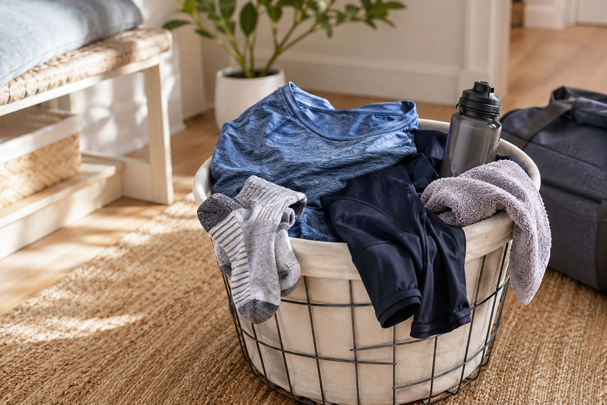 pakaian olahraga setelah dipakai di keranjang laundry
