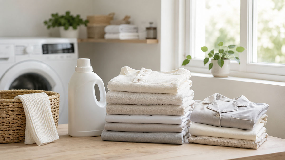 pakaian bersih terlipat dalam suasana laundry rumah yang tenang