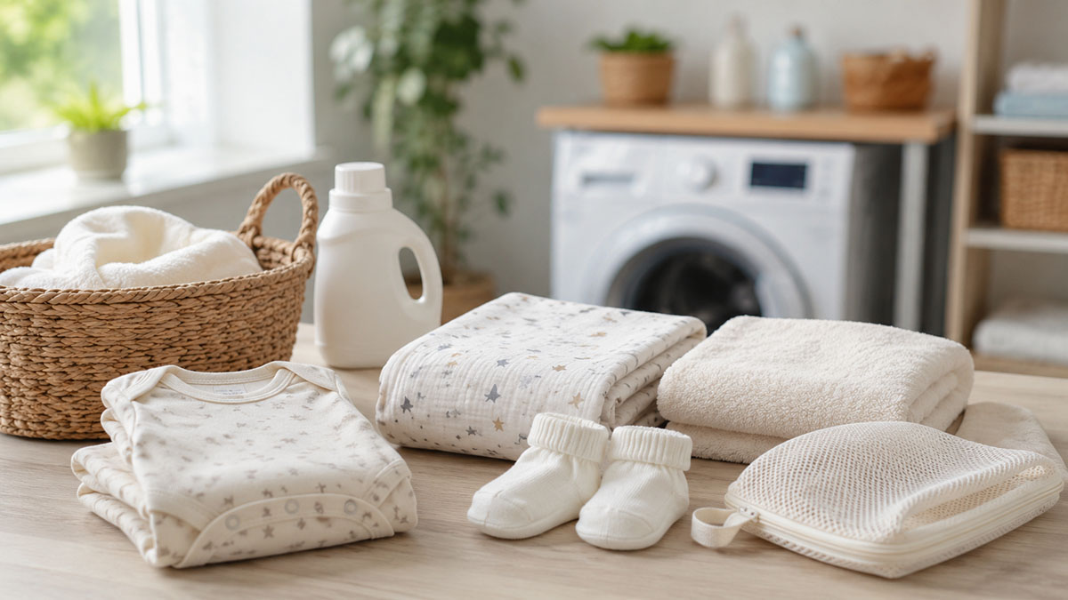 pakaian bayi bersih terlipat di ruang laundry rumah