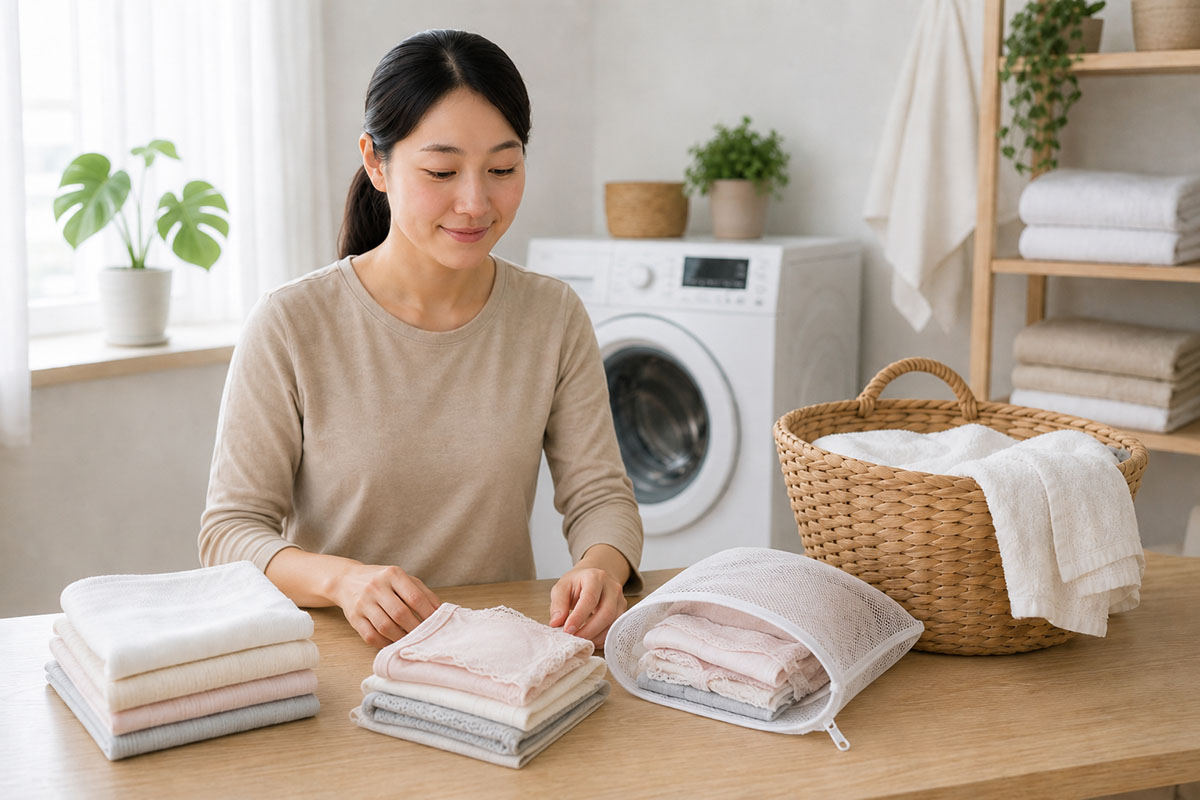 pakaian dalam bersih dan laundry net di ruang laundry