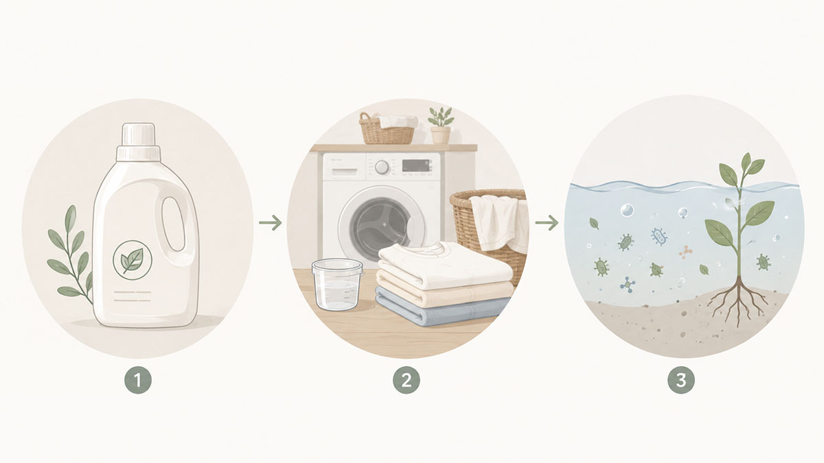 ilustrasi deterjen biodegradable dalam rutinitas mencuci dan proses penguraian